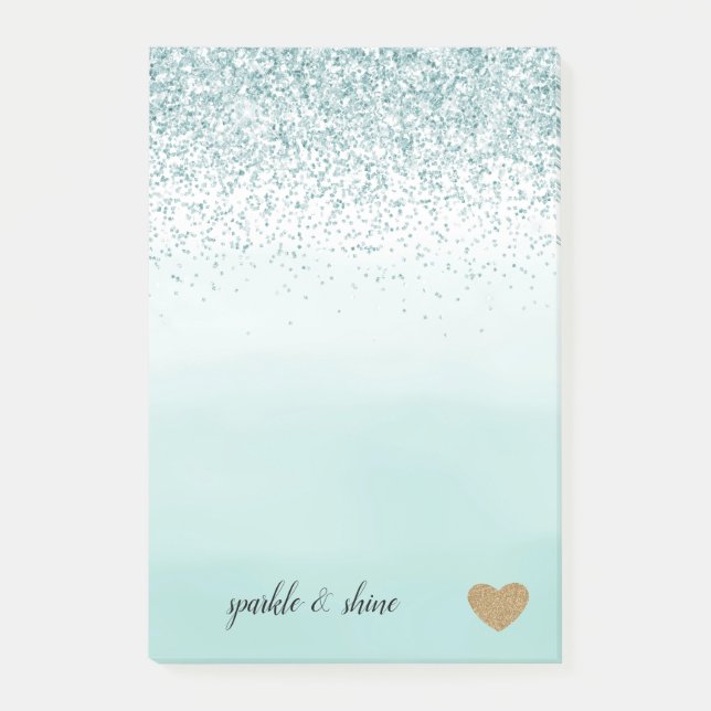 Mint Ombre Glitter Gold Heart Post-it Notes (Front)