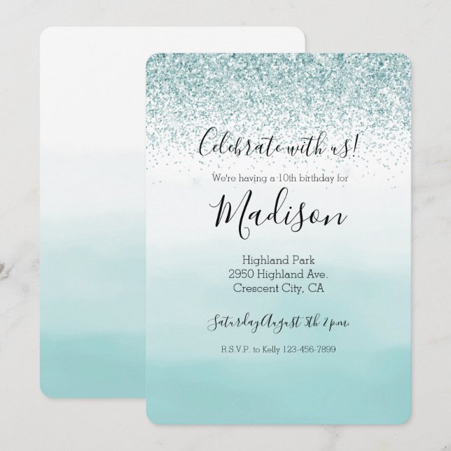 Mint Ombre Glitter Invitation (Front/Back)