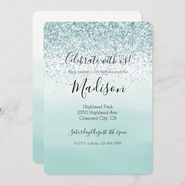 Mint Ombre Glitter Invitation (Front/Back)