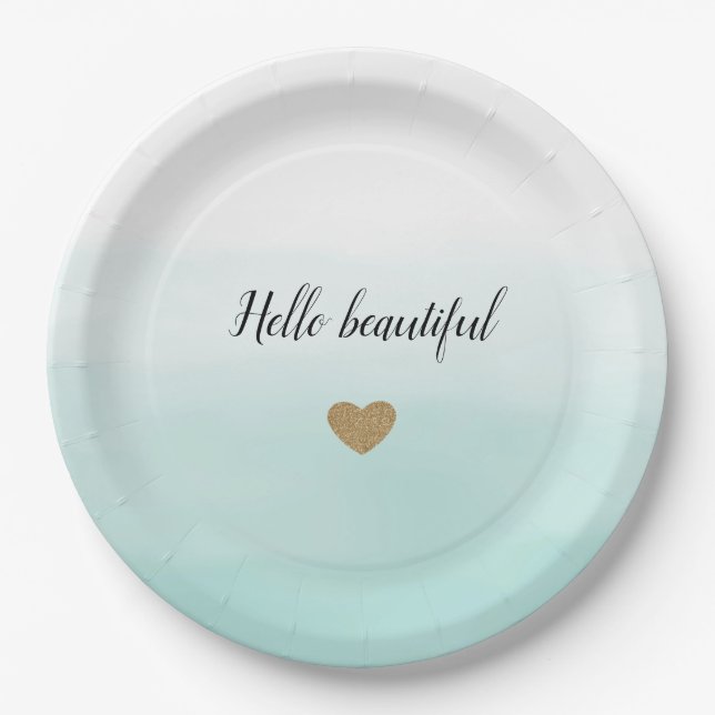 Mint Ombre Gold Glitter Heart personalised Paper Plate (Front)