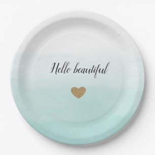 Mint Ombre Gold Glitter Heart personalized Paper Plate