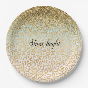 Mint Ombre Gold Glitter Leopard Print Paper Plate