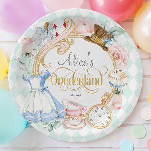 Mint, Onederland, Girl 1st birthday tea party Paper Plate