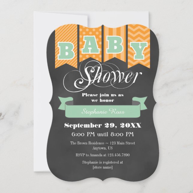 Mint Orange Chalkboard Flag Baby Shower Invite (Front)
