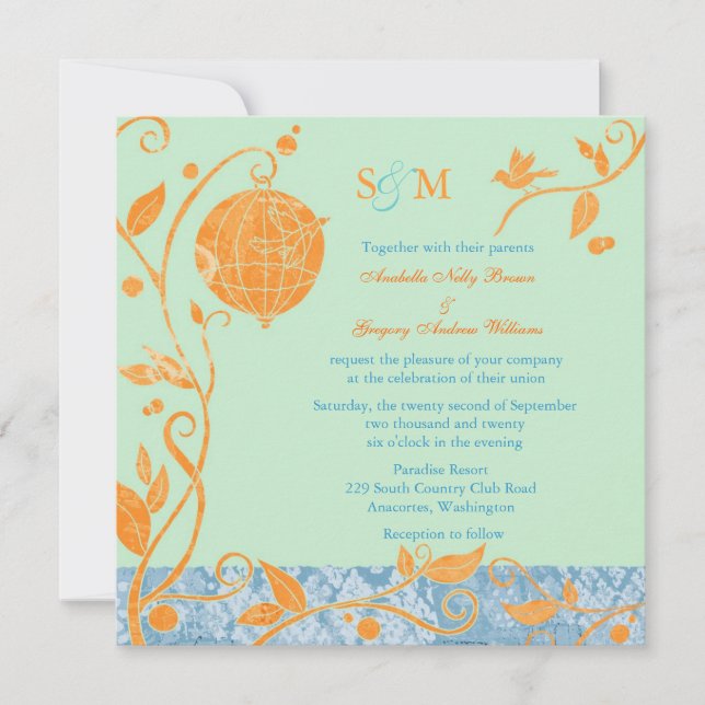 Mint & Orange Love Birds Wedding Invitation (Front)