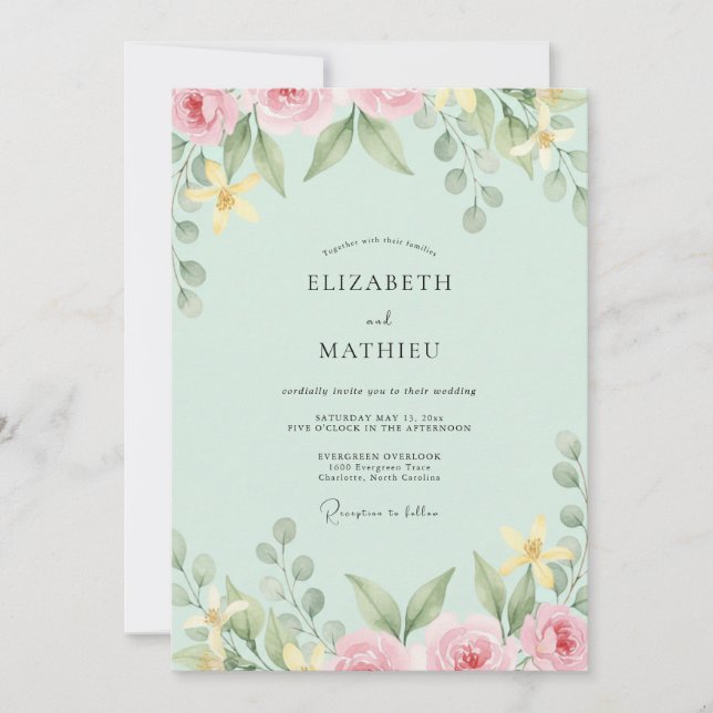 Mint Pale Blush Leafy Wedding Invitation (Front)
