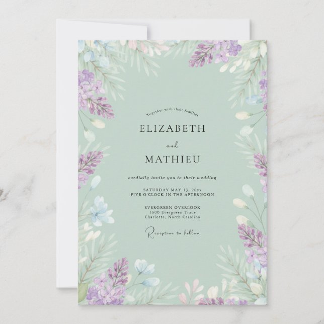 Mint Pale Lavender Blossom Wedding Invitation (Front)