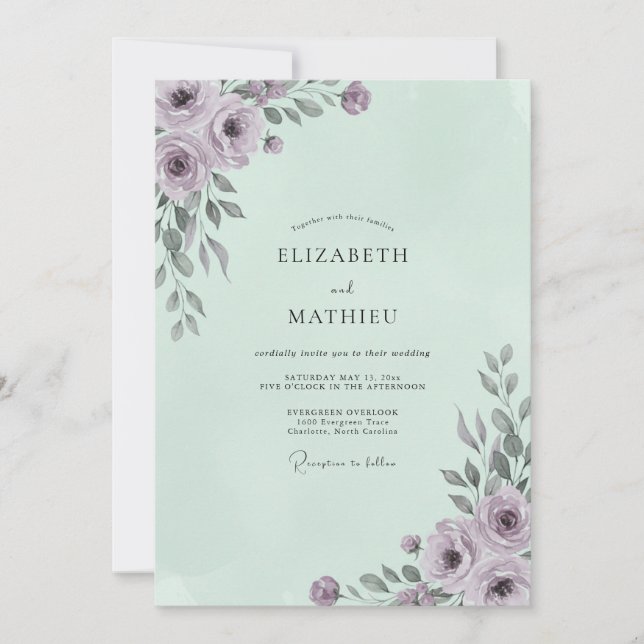 Mint Pale Lilac Painted Wedding Invitation (Front)