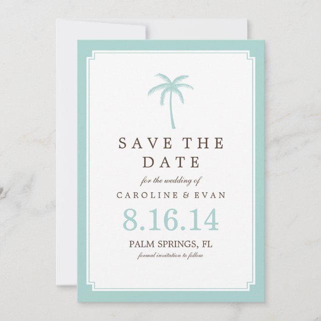 Mint Palm Tree Wedding Save the Date (Front)