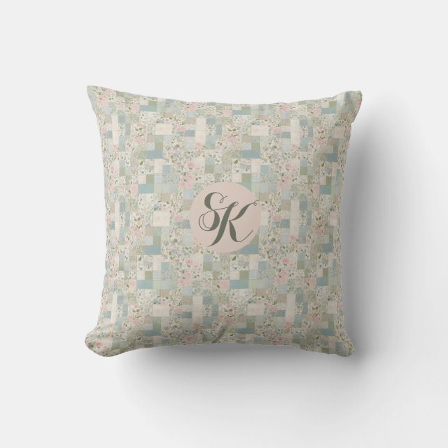 Mint Patchwork Monogram Cushion (Front)