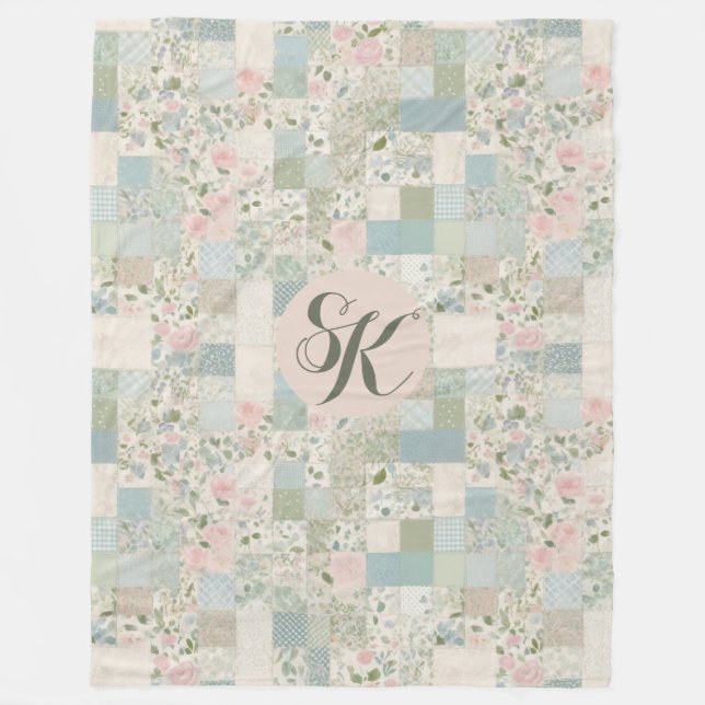 Mint Patchwork Monogram Fleece Blanket (Front)