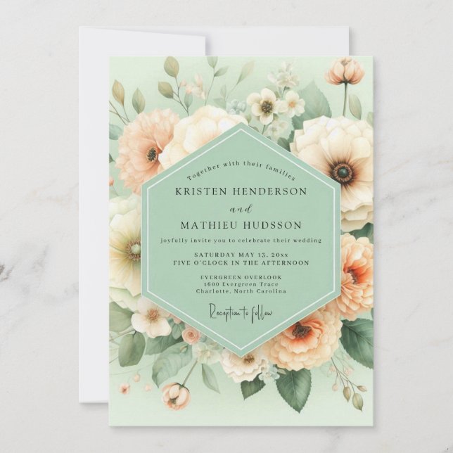 Mint Peach Blossom Elegance Wedding Invitation (Front)
