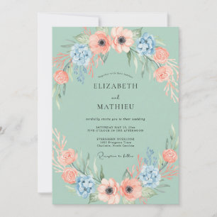 Mint Peach Blossom Garland Wedding Invitation