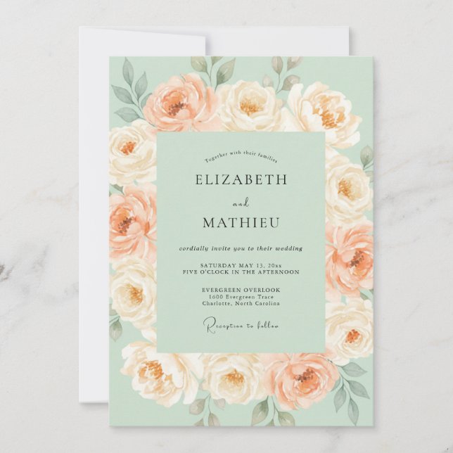 Mint Peach Blossom Romance Wedding Invitation (Front)