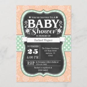 Mint Peach Chalkboard Floral Baby Shower Invite