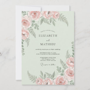 Mint Peach Leafy Wedding Invitation