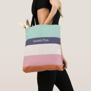 Mint Peach Modern Colour Blocks Stripes Personalis Tote Bag