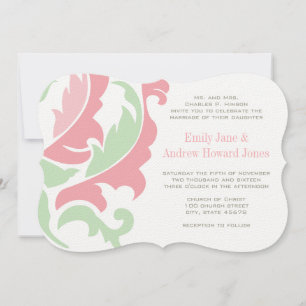 Mint Peach Pink and Grey Damask Wedding Invitation