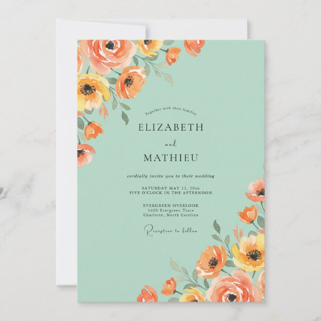 Mint Peach Poppy Wedding Invitation (Front)