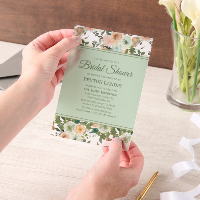 Mint Peach Watercolor Floral Vellum Bridal Shower Invitations (Handheld)
