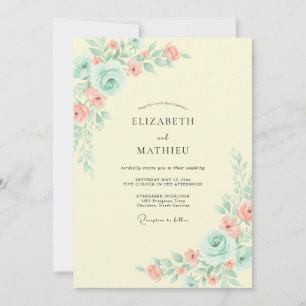 Mint Peach Watercolor Floral Wedding Invitation