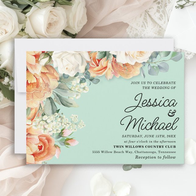 Mint Peach White Floral Wedding  Invitation (Peach and white roses on mint green wedding invitation)