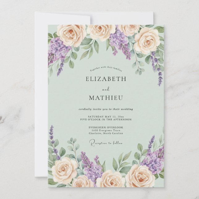 Mint Peach Wisteria Wedding Invitation (Front)