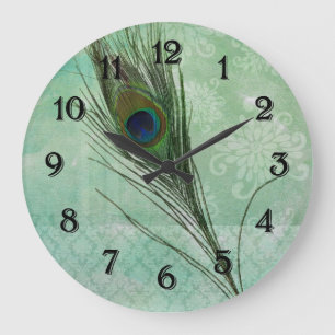 Mint Peacock Feather Large Clock