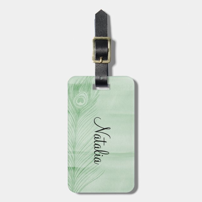 Mint Peacock Feather Luggage Tag (Front Vertical)