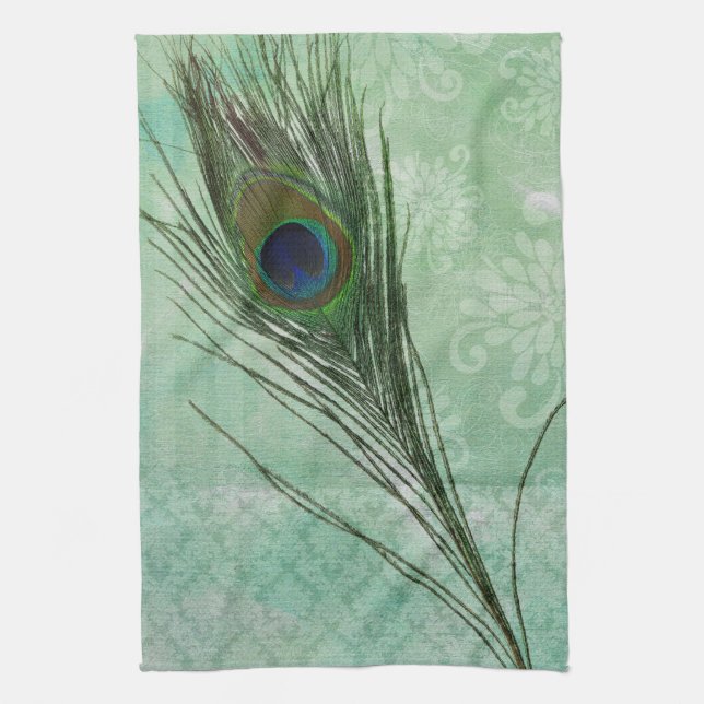 Mint Peacock Feather Tea Towel (Vertical)