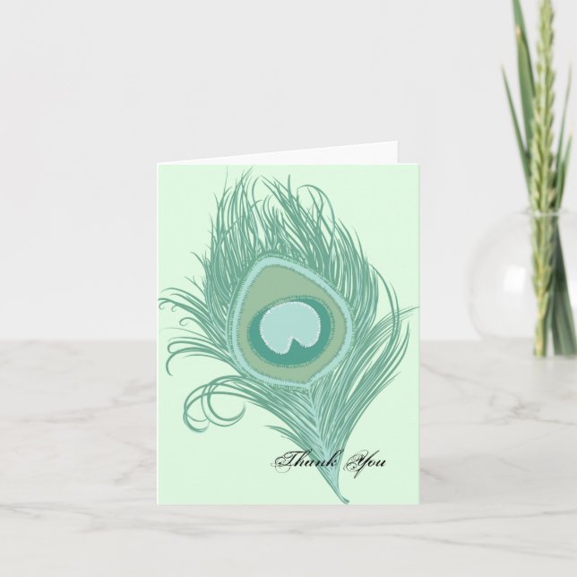 Mint Peacock Feather Thank You Card (Front)