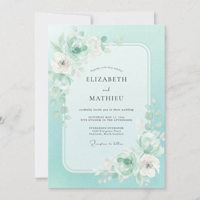 Mint Peony Leafy Wedding Invitation (Front)
