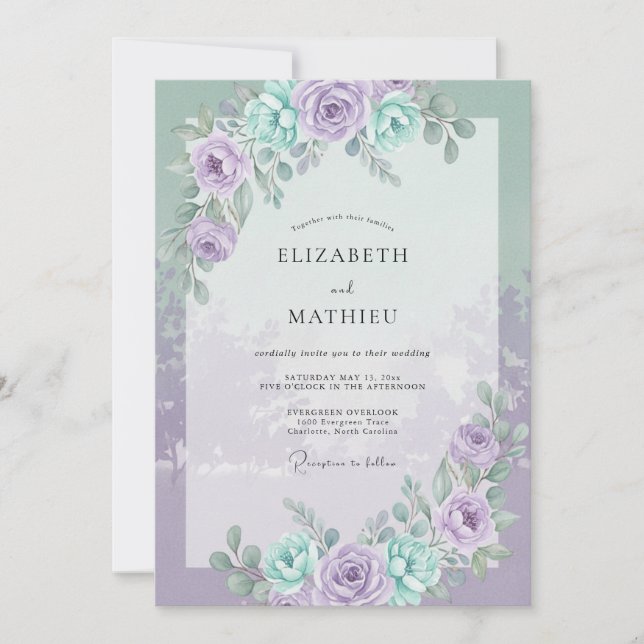 Mint Periwinkle Greenery Wedding Invitation (Front)