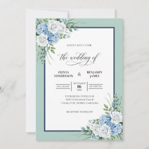 Mint Periwinkle Hydrangea Grey Eucalyptus Wedding Invitation
