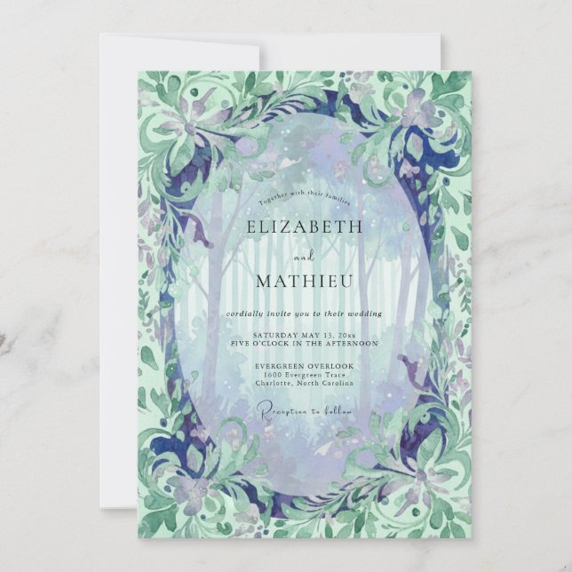 Mint Periwinkle Leafy Wedding Invitation (Front)