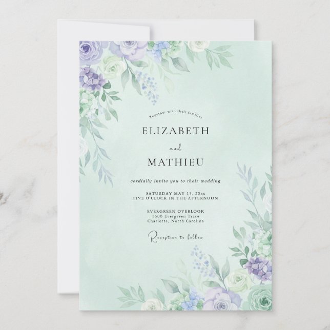 Mint Periwinkle Peony Wedding Invitation (Front)