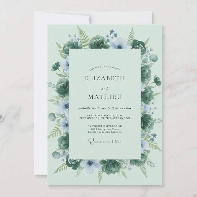 Mint Periwinkle Succulent Eucalyptus Wedding Invitation (Front)