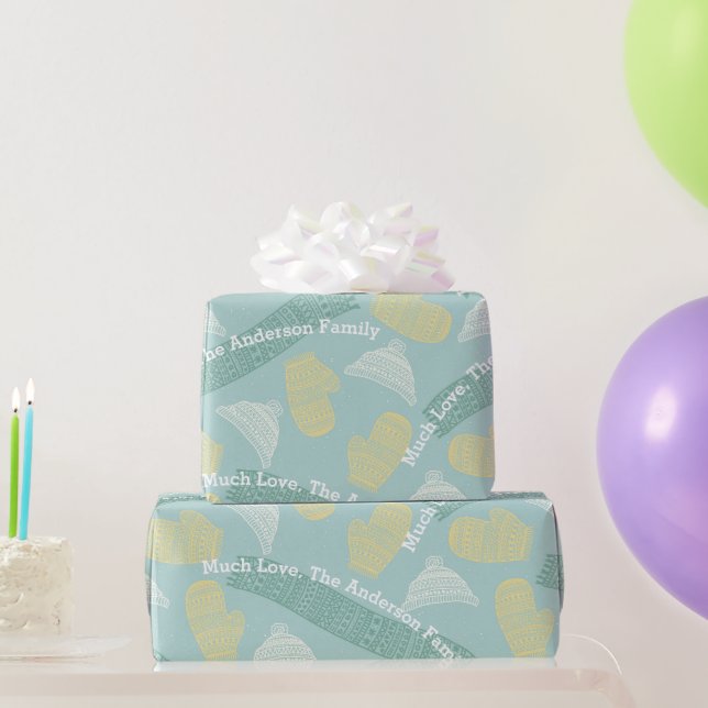Mint Personalised Knit Aztec Hats Mittens Scarves Wrapping Paper (Party Gifts)