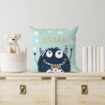 Mint | Personalized Monster Cushion<br><div class="desc">Cool personalized throw pillow for your little monster's room features their name in vibrant orange lettering on a mint green background decorated with white stars and a cute smiling monster wearing a dapper bow tie.</div>