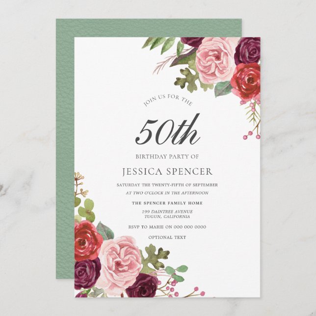 Mint Pink Blush Floral 50th Birthday Party Invite (Front/Back)