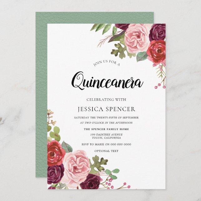Mint & Pink Blush Floral Quinceanera Invitation (Front/Back)