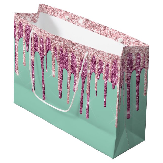 Mint Pink Blush Ice Cream Glitter Drips Birthday Large Gift Bag (Front Angled)