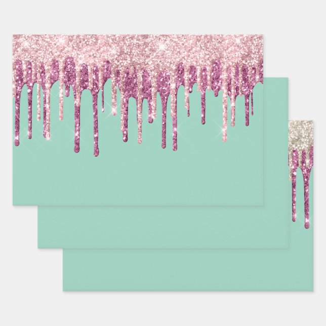 Mint Pink Blush Ice Cream Glitter Drips  Wrapping Paper Sheet (Set)