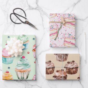 Mint Pink Cake Chocolate Cupcakes Birthday Wrapping Paper Sheet