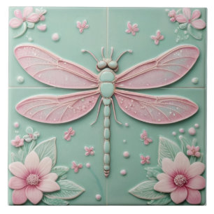 Mint & Pink Dragonfly and Flowers Girly Floral Ceramic Tile
