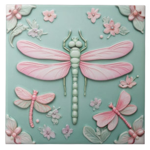 Mint & Pink Dragonfly and Flowers Girly Floral Ceramic Tile