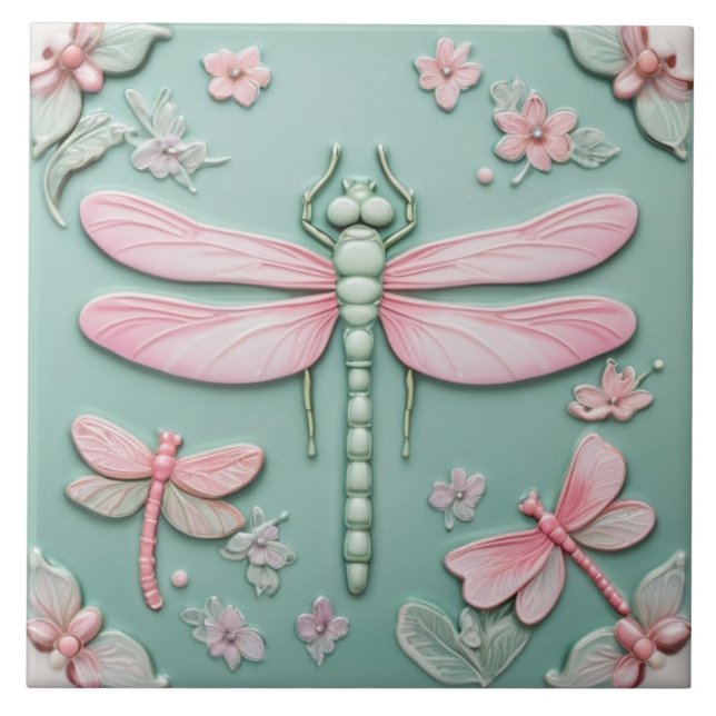 Mint & Pink Dragonfly and Flowers Girly Floral Ceramic Tile (Front)