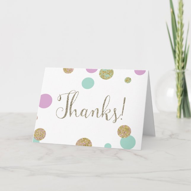 Mint Pink Faux Glitter Dots Thanks Thank You Card (Front)