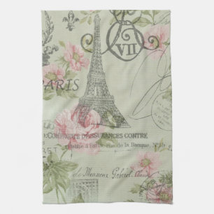 mint pink floral botanical paris eiffel tower tea towel