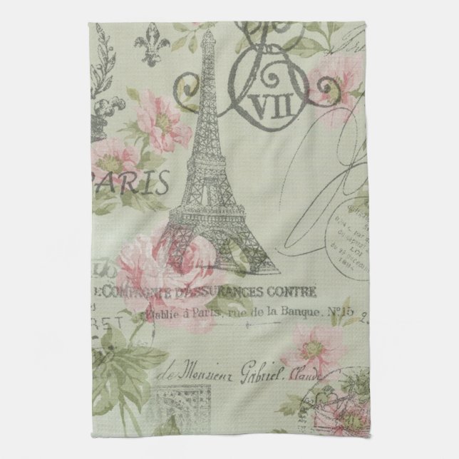 mint pink floral botanical paris eiffel tower tea towel (Vertical)